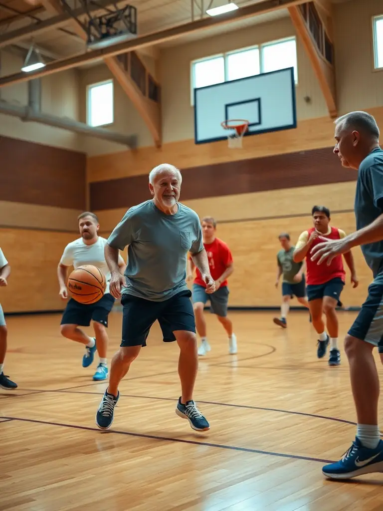 A dynamic shot of adults playing basketball in an indoor gymnasium, emphasizing fitness and camaraderie, used to represent the adult basketball league.