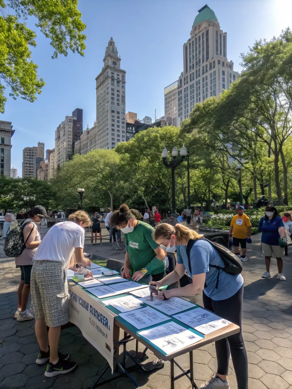 A diverse group of volunteers setting up equipment for a community sports day, demonstrating teamwork and dedication to a common cause.