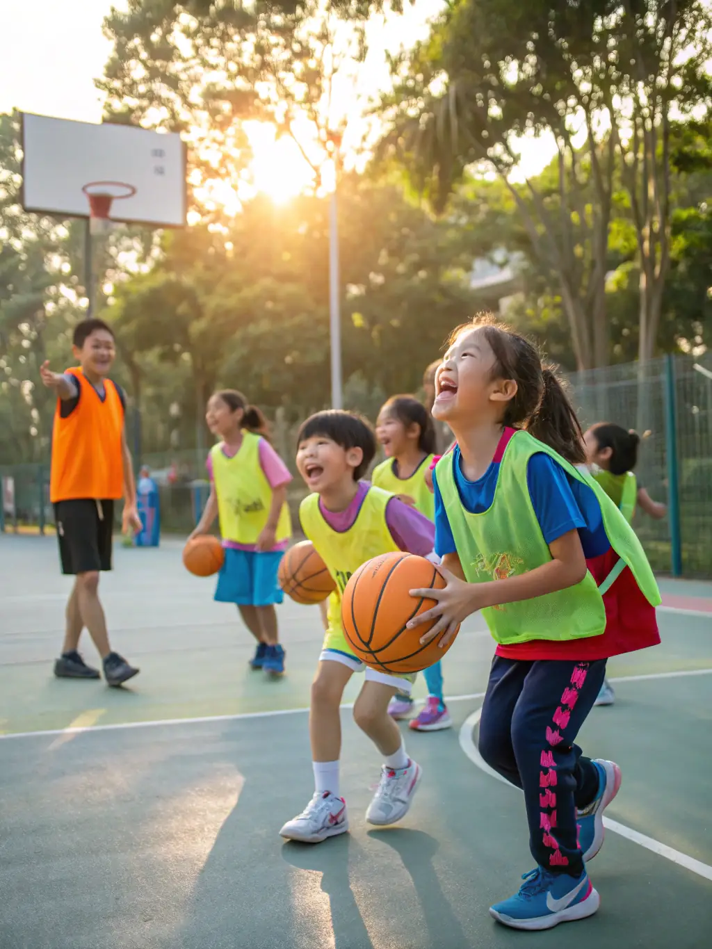 A lively image of children participating in a basketball clinic organized by PULSATIONS, emphasizing skill-building and fun.