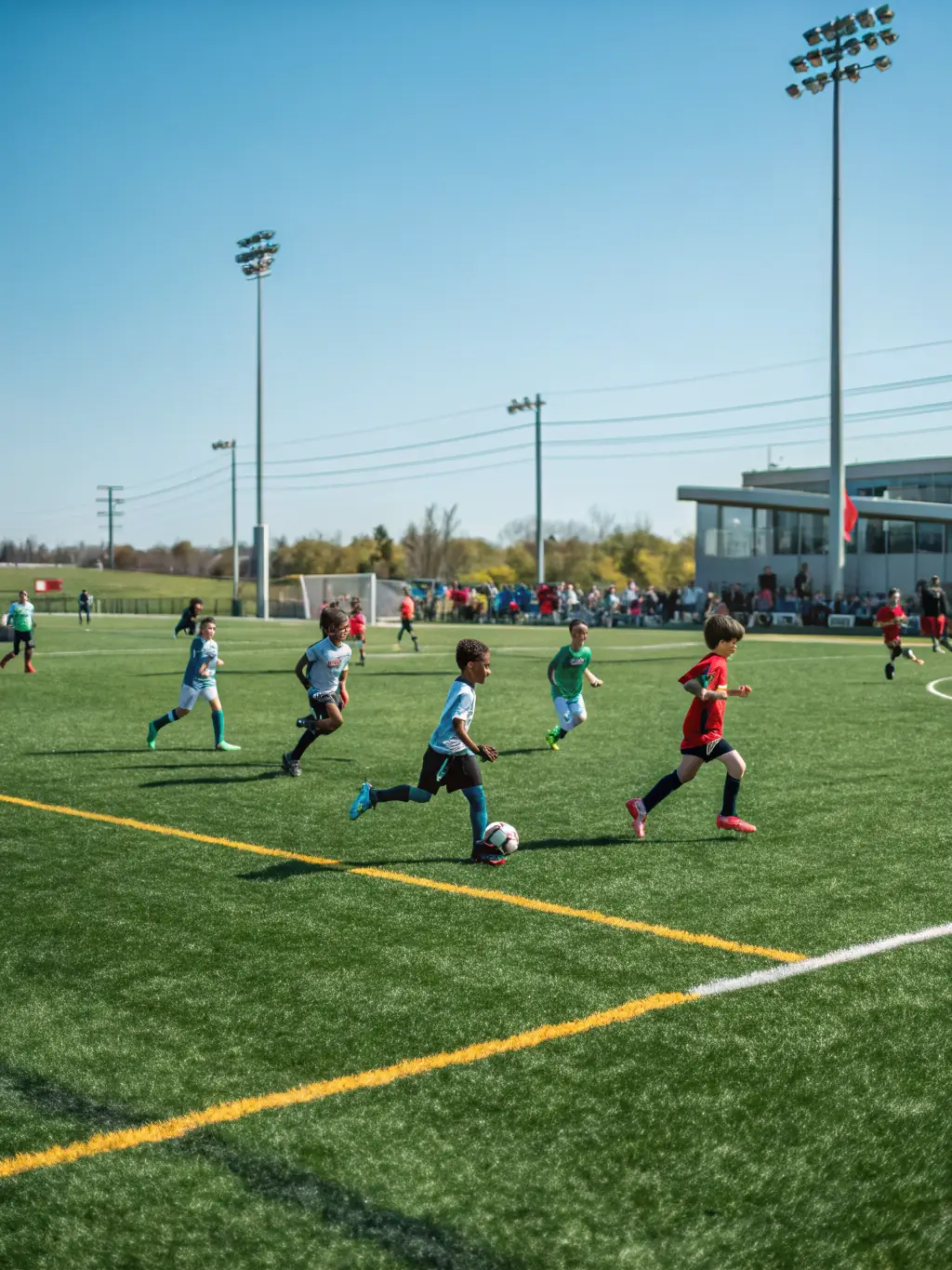 A dynamic shot of a group of people participating in a soccer match during a PULSATIONS community event, showcasing teamwork and active engagement.