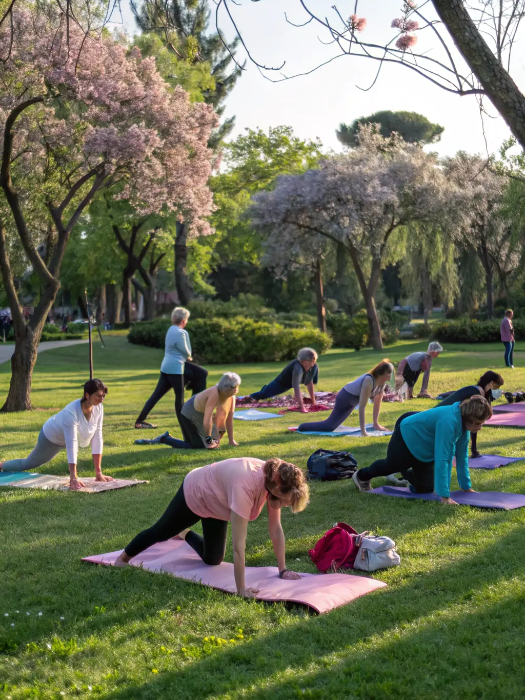A joyful image of seniors engaged in a gentle yoga session outdoors, emphasizing wellness and relaxation, used to represent the senior wellness program.