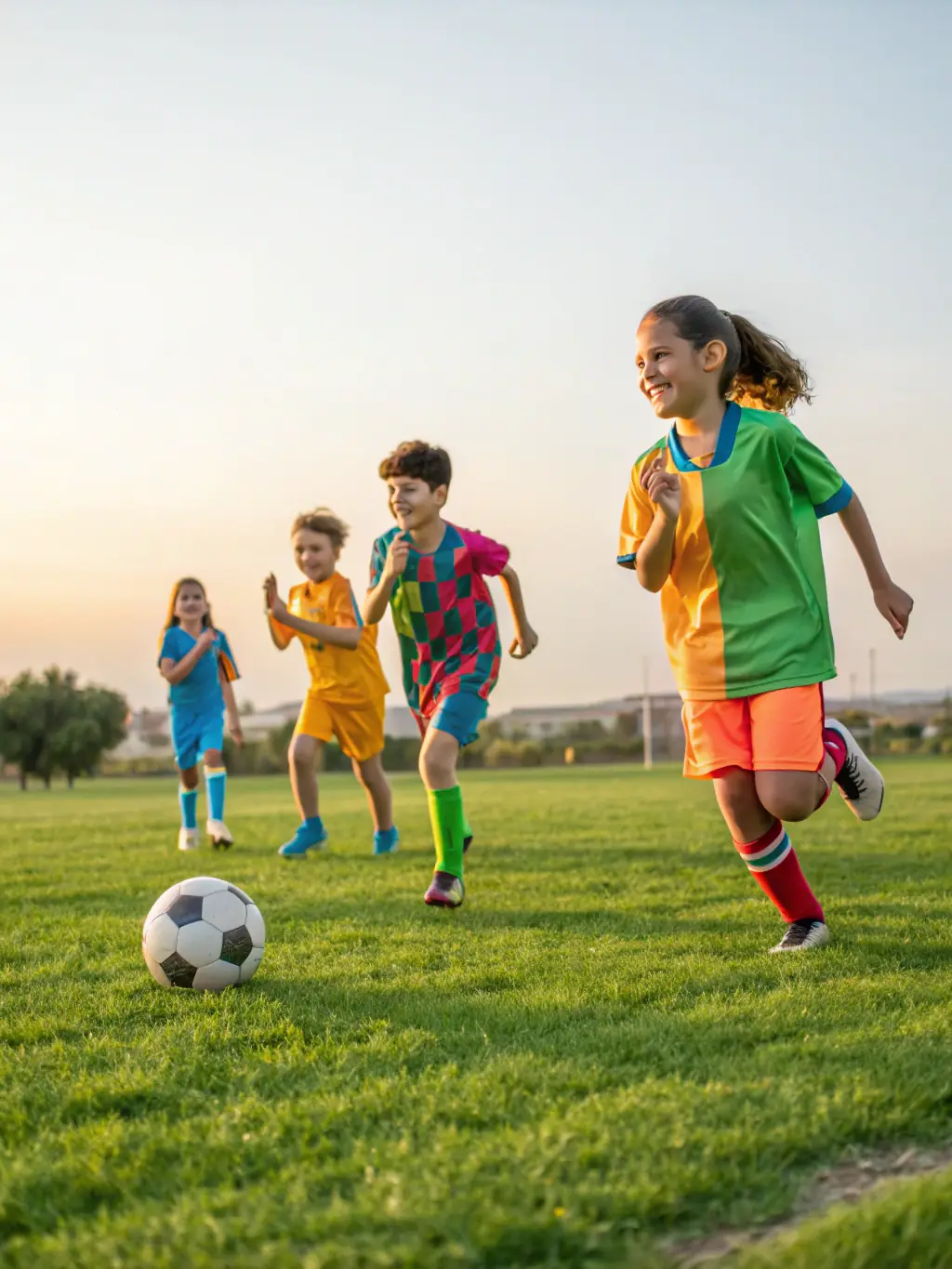 A vibrant image of children participating in a soccer clinic, showcasing teamwork and fun, set against a sunny backdrop at a local park, used to represent the youth soccer program.